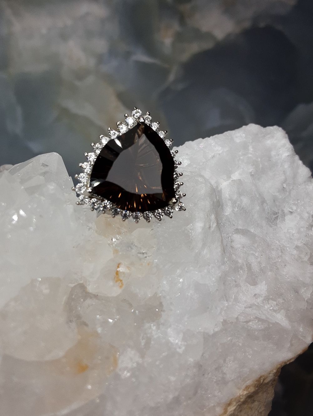 925 Smoke Quartz, White Zircon Ring.
